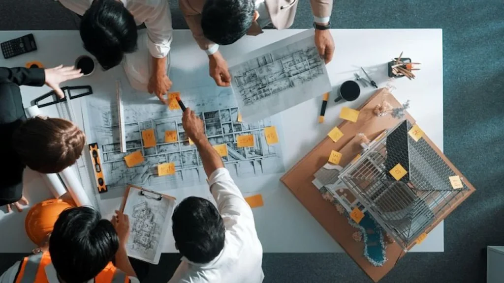 Project team reviewing printed permit drawings around a table