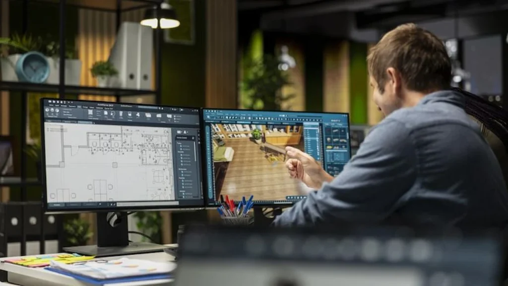 Drafter preparing architectural drawings in CAD