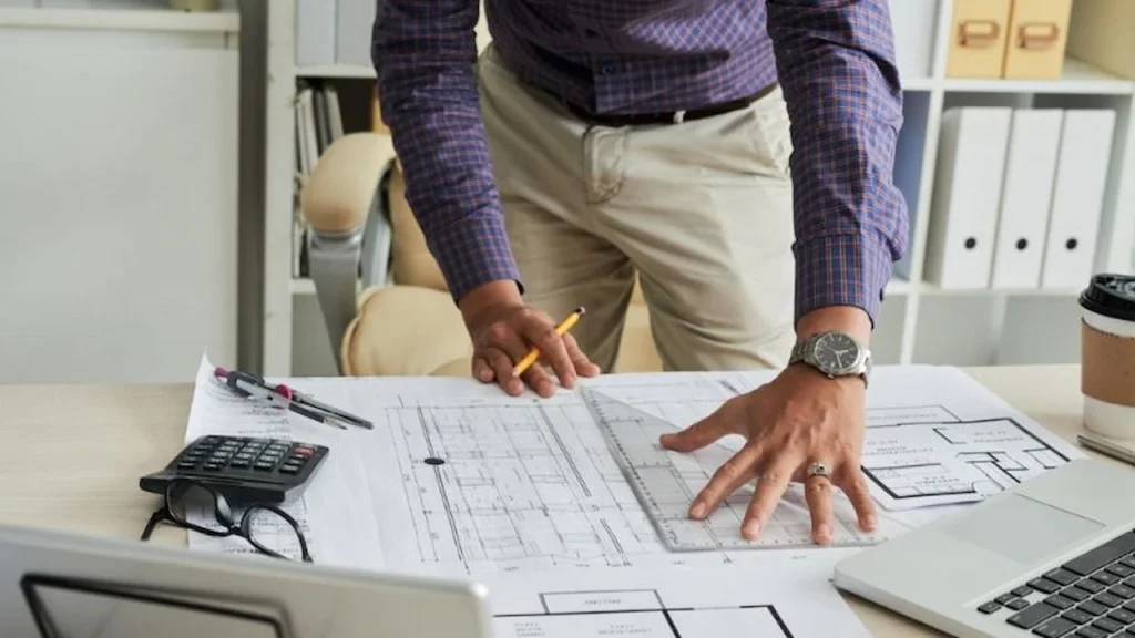 Hands marking up construction drawings during plan review