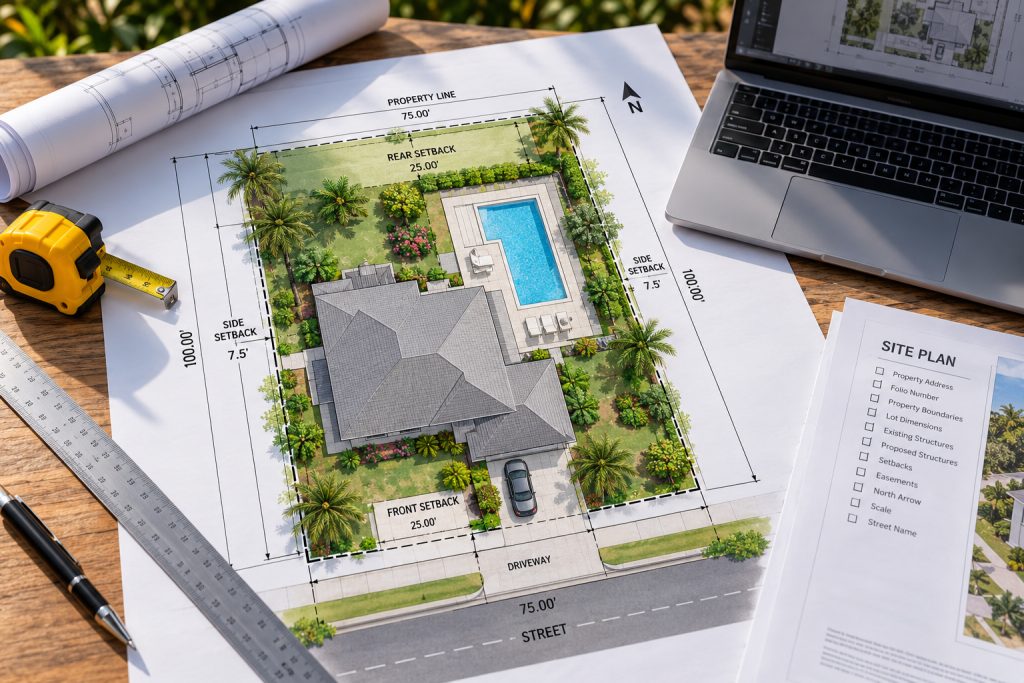 Residential site plan with house, pool and landscaping on a desk