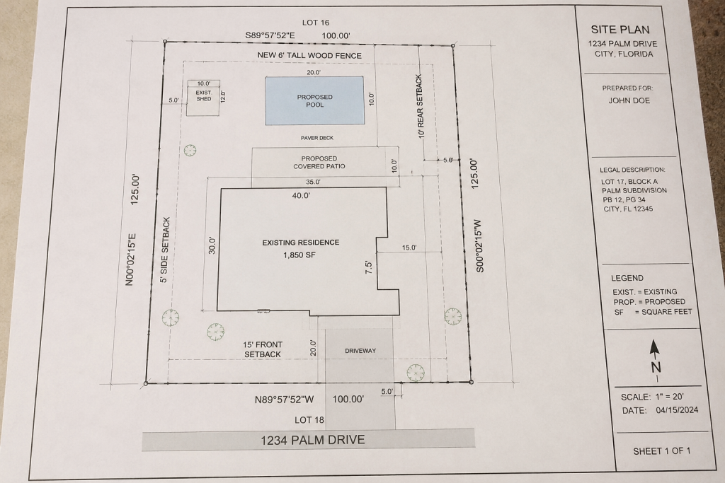 Residential site plan showing property boundaries, existing house, driveway, proposed pool, patio, shed, fence, setbacks and permit details