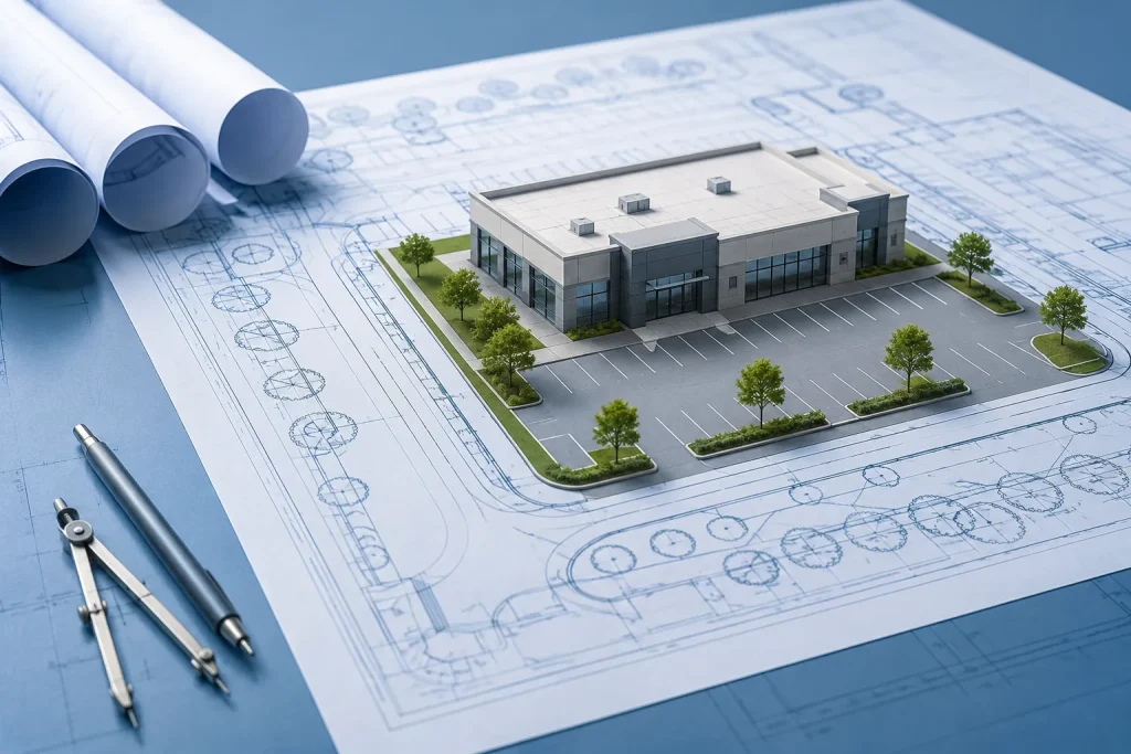 Illustrative commercial building site plan with parking and landscape layout