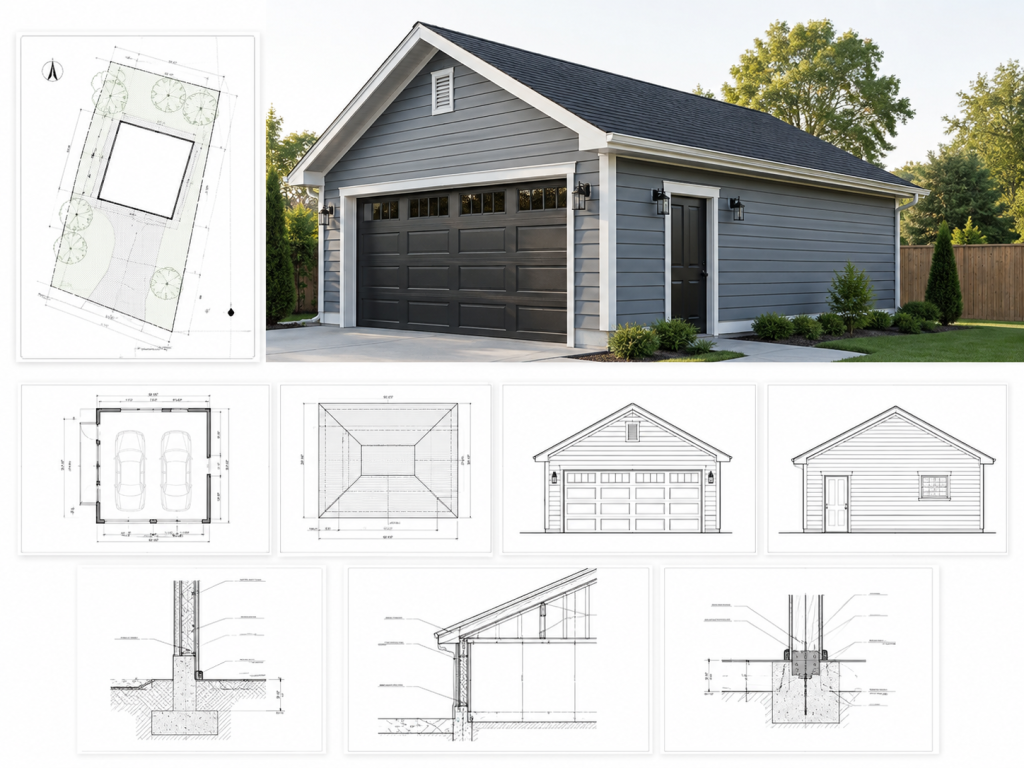 Illustrative garage permit plan with building footprint and construction measurements