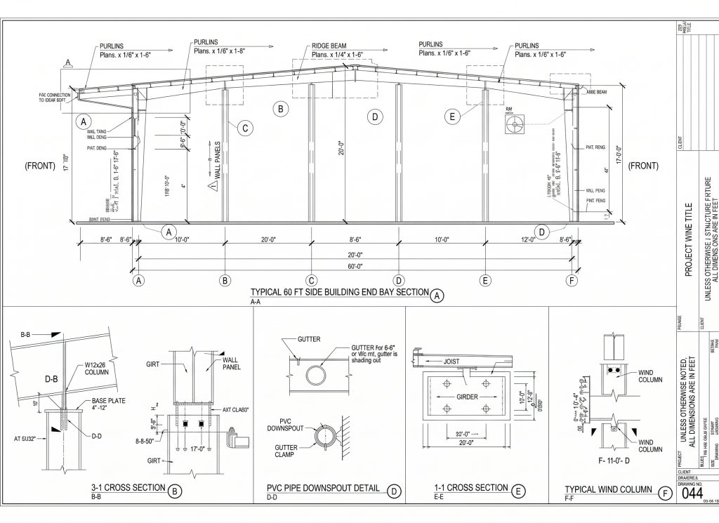 Building permit drawing sheet with plans, elevations and details