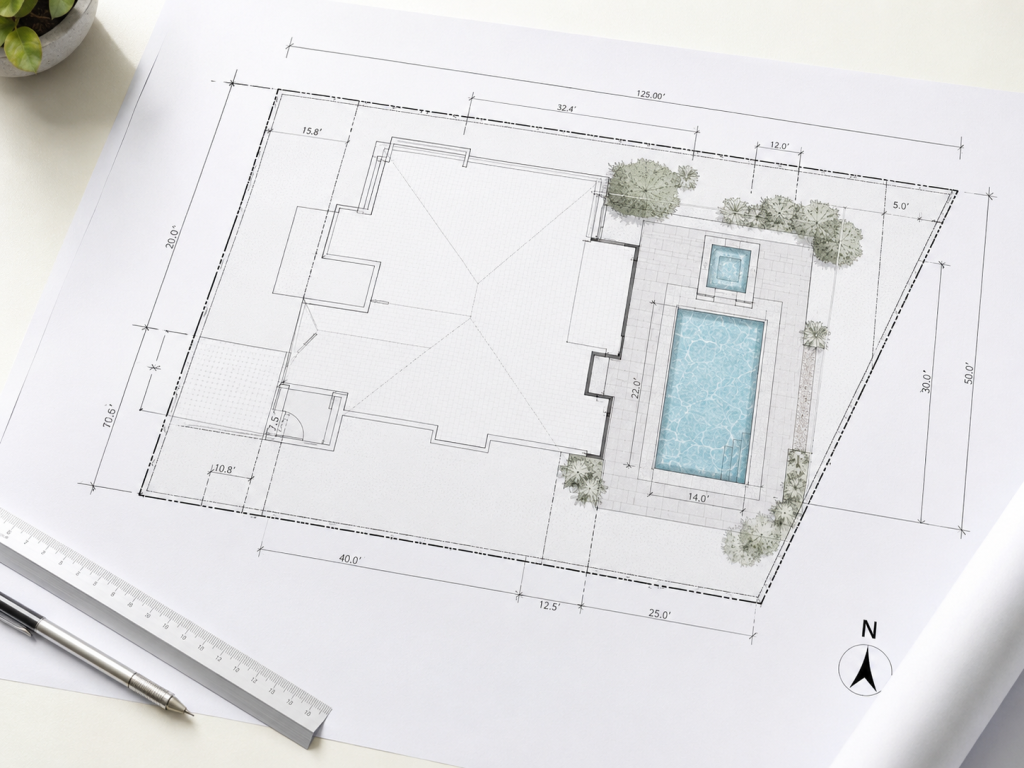 Illustrative pool site plan showing structure footprints, pool position and setback distances