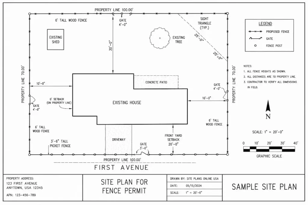 Illustrative property site plan showing a proposed fence and existing structures