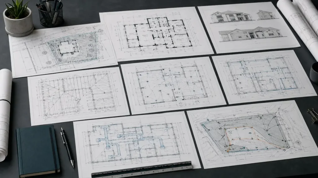 Residential plan sheets with dimensions and drafting notes