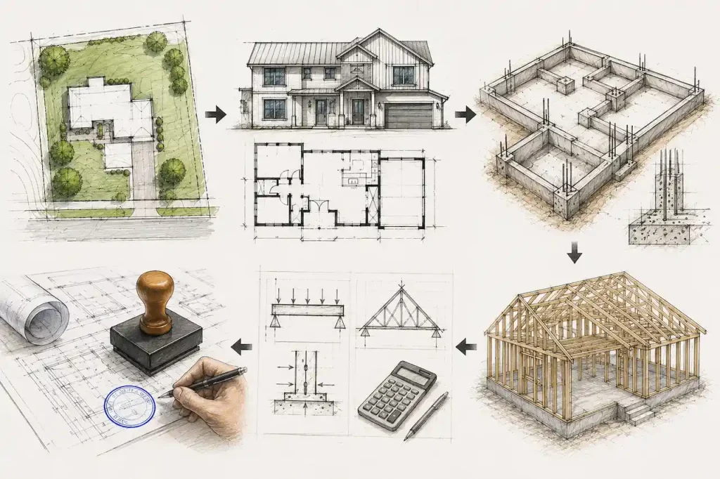 Architectural sketch of a house with structural framing plans