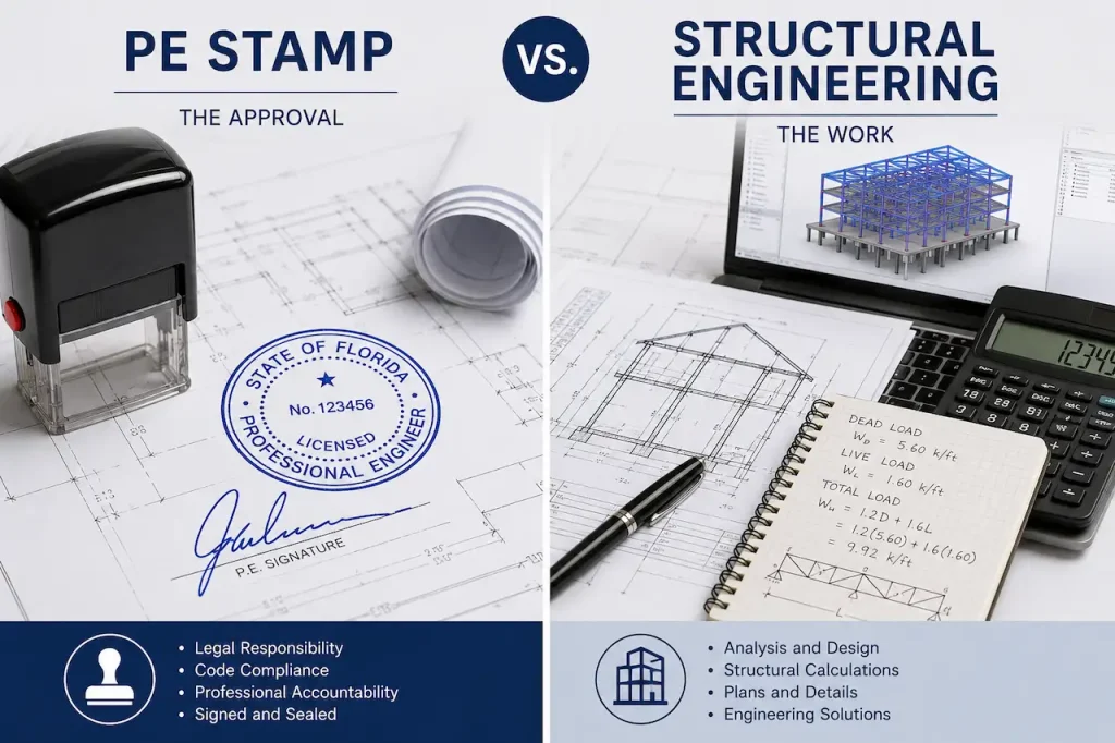 Engineering drawing set with a professional stamp and signature