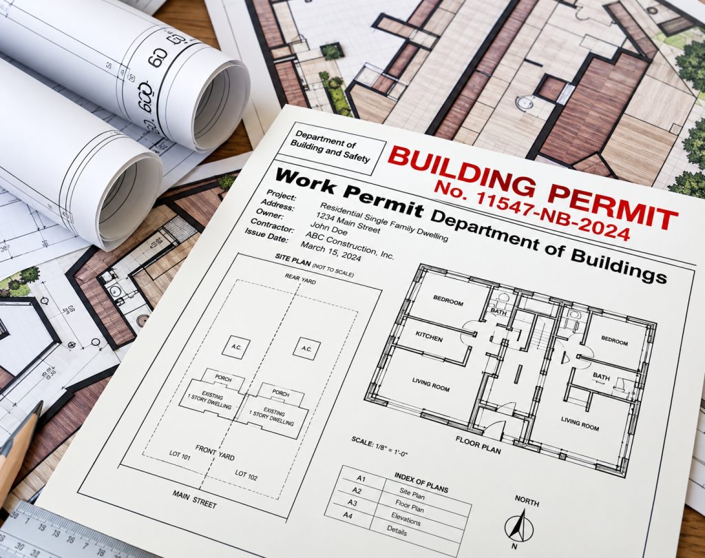 Building permit application documents with a floor plan