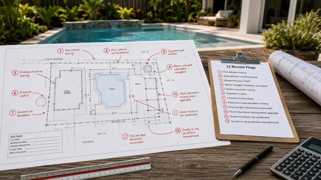 Site plan on a clipboard beside a backyard pool, marked with reviewer comments