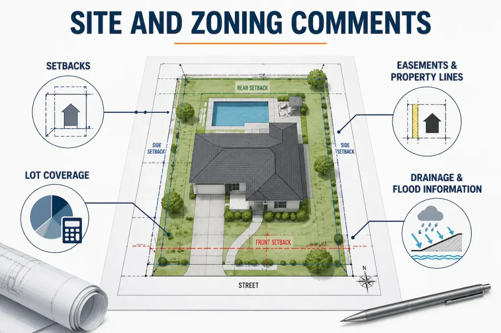 Residential site and zoning plan showing setbacks, lot coverage and easements