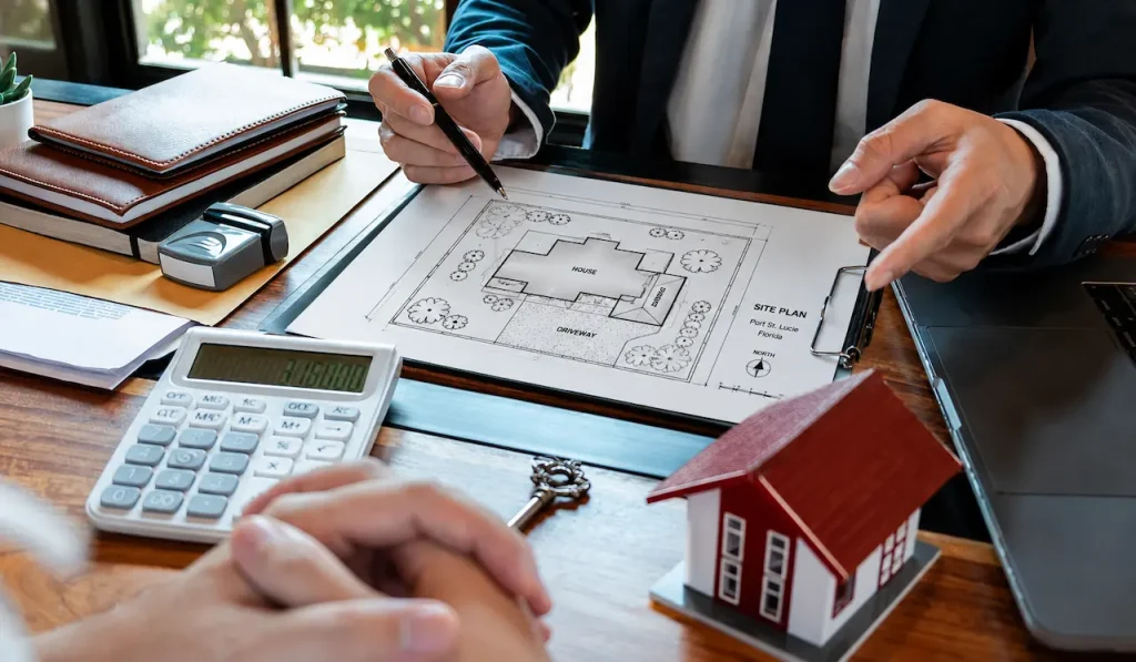 Consultant reviewing commercial plans and project costs at a desk