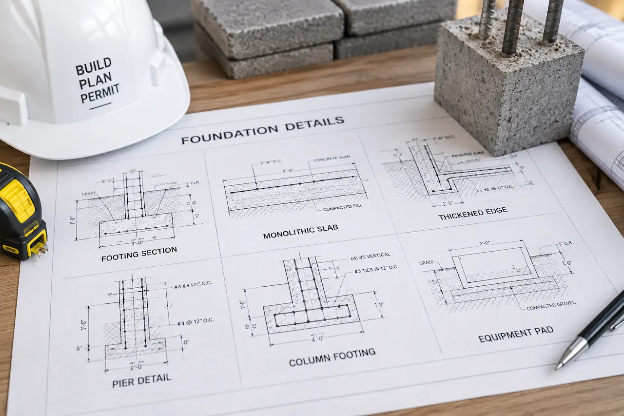 Sample drawing: foundation and concrete footing details beside building materials