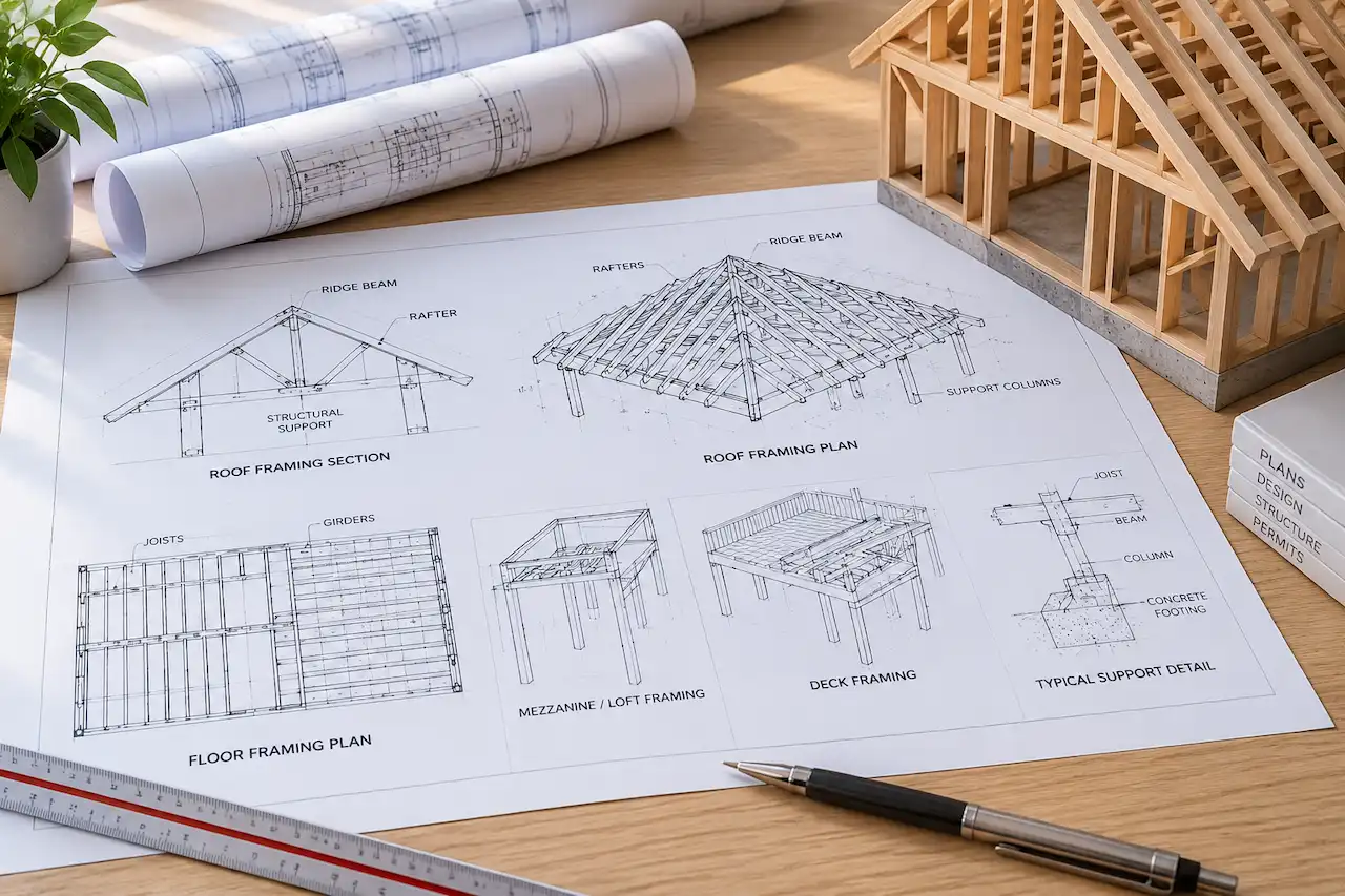 Sample drawing: timber roof and floor framing blueprints beside a timber-framed building model