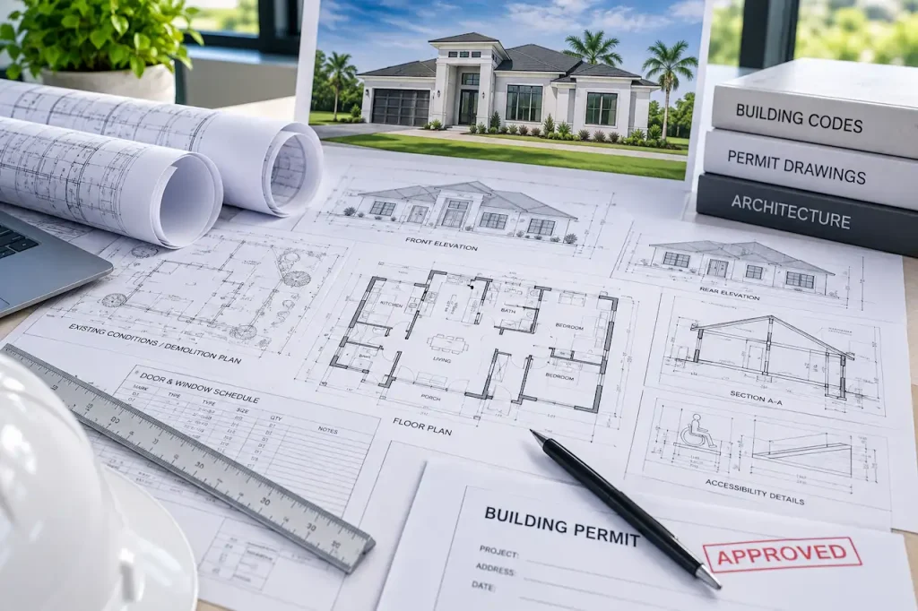 Architectural floor plans and elevations printed for a permit set