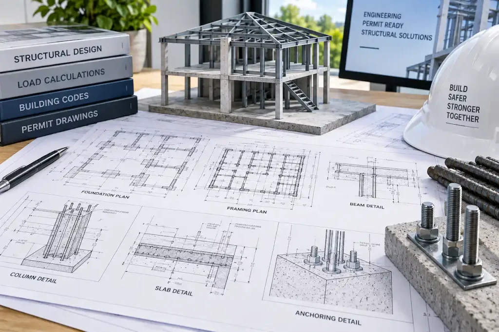 Structural drawing sheets with a hard hat on the plan table