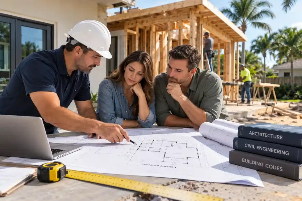 Contractor and homeowners reviewing permit drawings at a residential job site