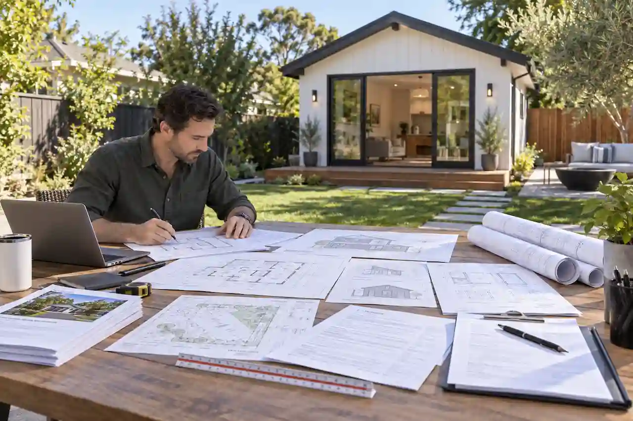 Architectural floor plans and elevations laid out beside a completed backyard ADU