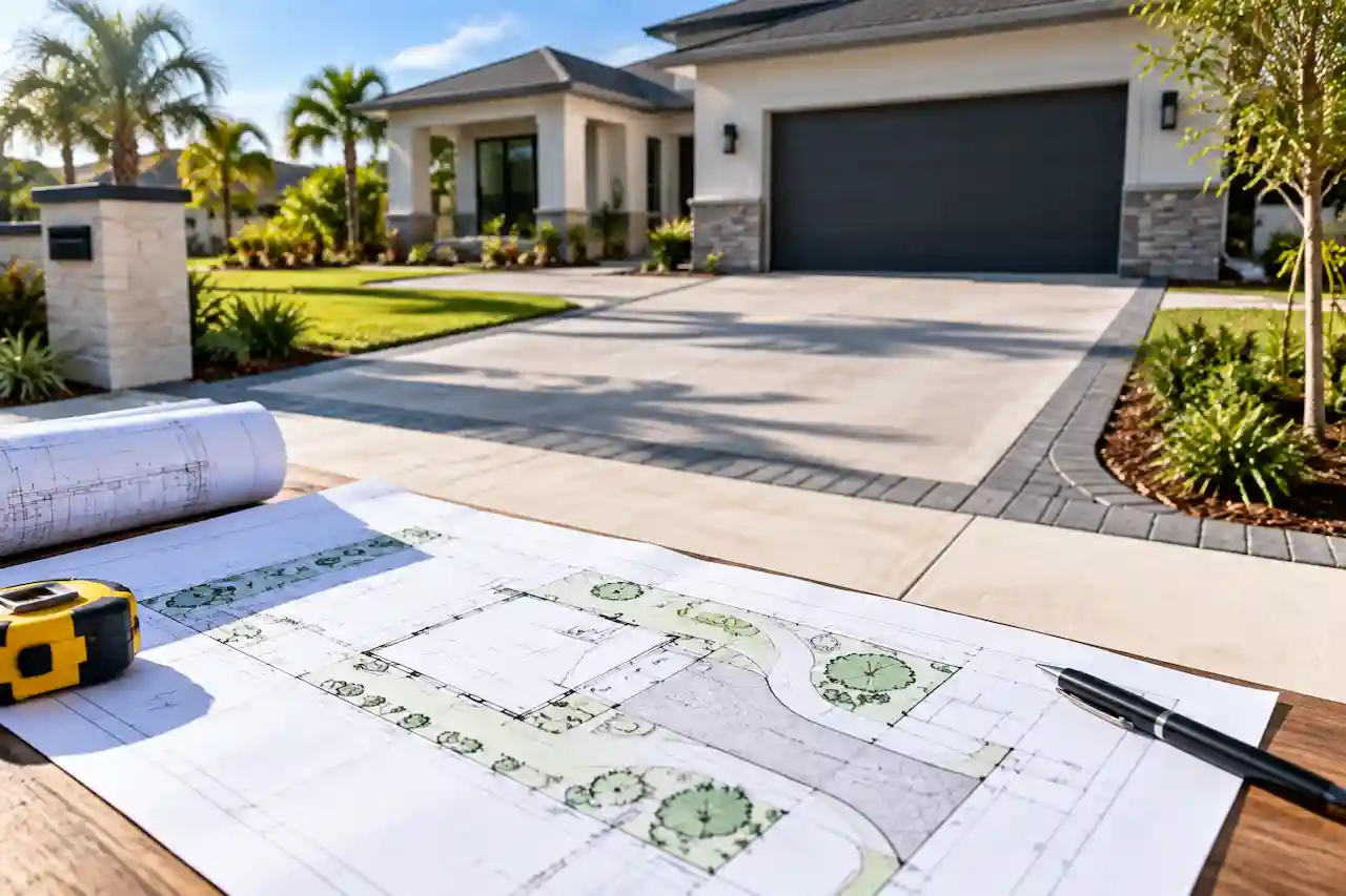 Residential home and driveway beside a printed site plan showing parking and access layout