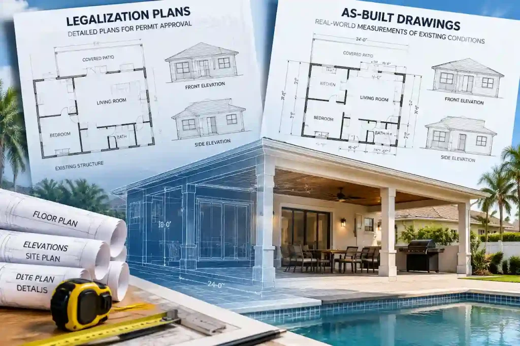 Residential framing and structure drawings over a 3D house model