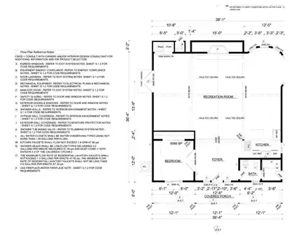 Permit drawing set floor plan with room layout, dimensions and reference notes