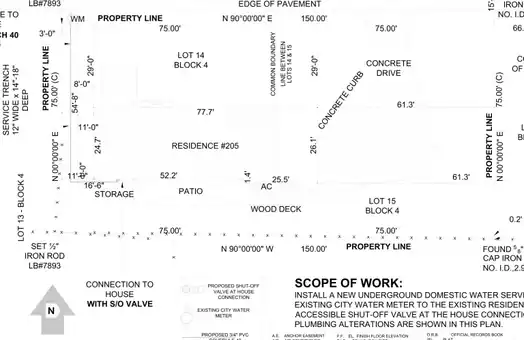 Residential site plan showing property lines, the house, driveway, patio, deck and setback dimensions