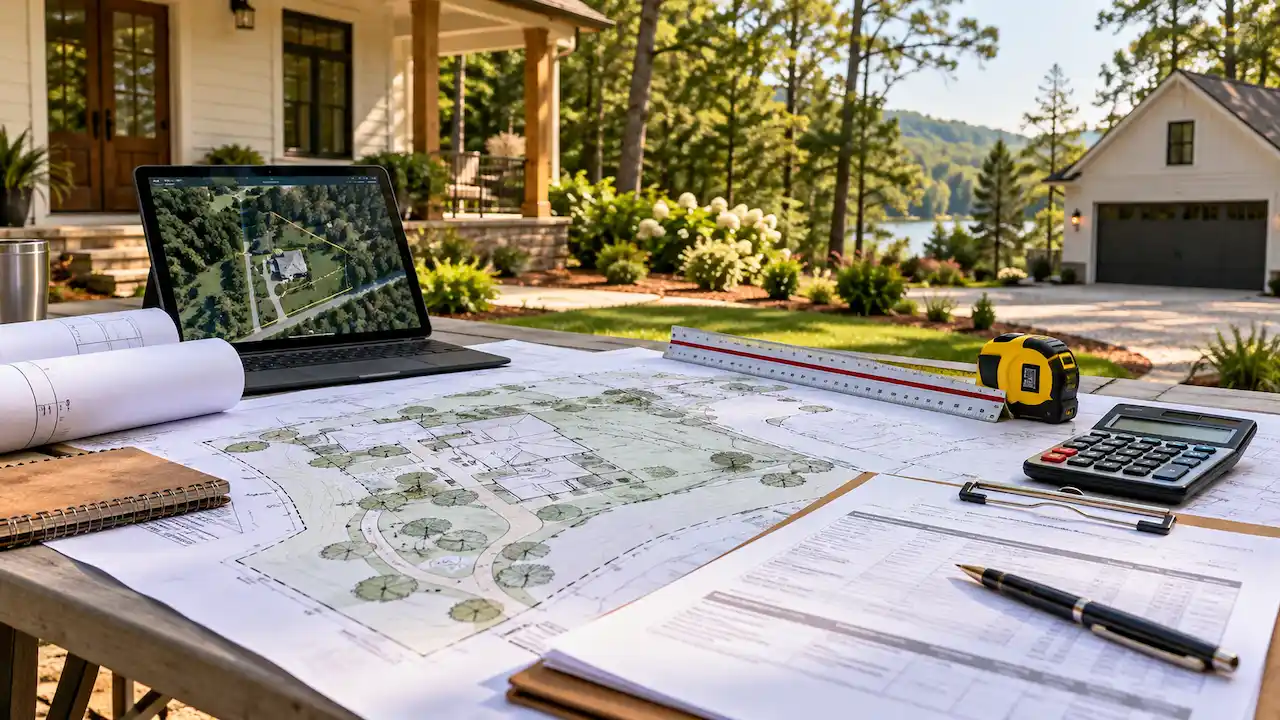 Site plans, calculator, and property drawings used to estimate site plan costs in Georgia.