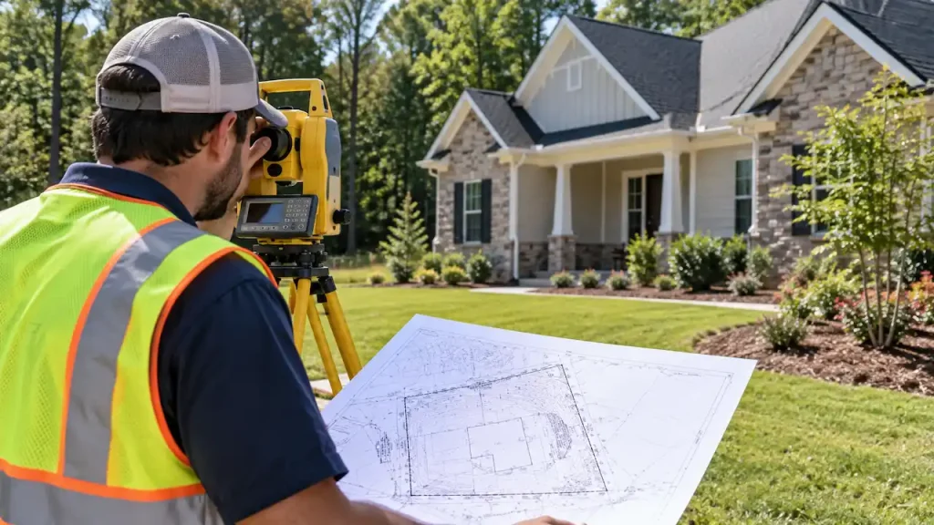 Land surveyor using surveying equipment and reviewing a site plan outside a Georgia home.