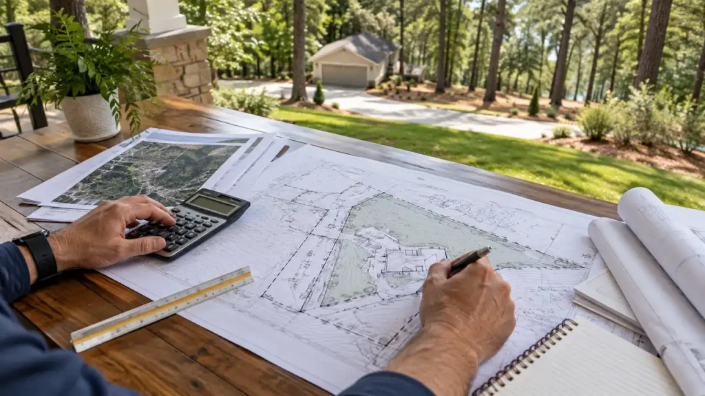 Site plan drawings and calculator used to estimate residential property planning costs in Georgia.