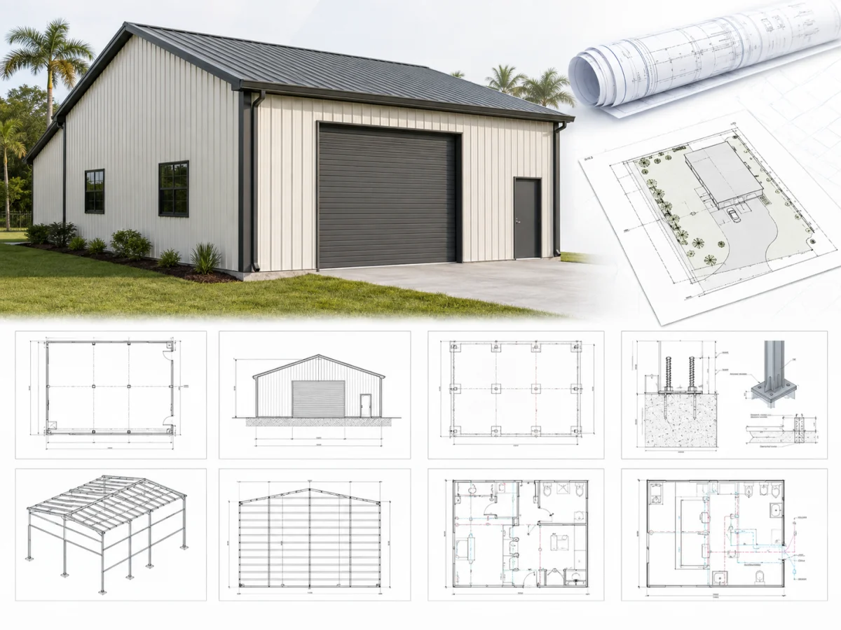 Metal garage building with foundation and structural drawing examples