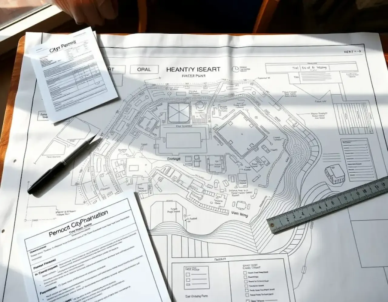Site plan, survey and property records laid out for drawing research