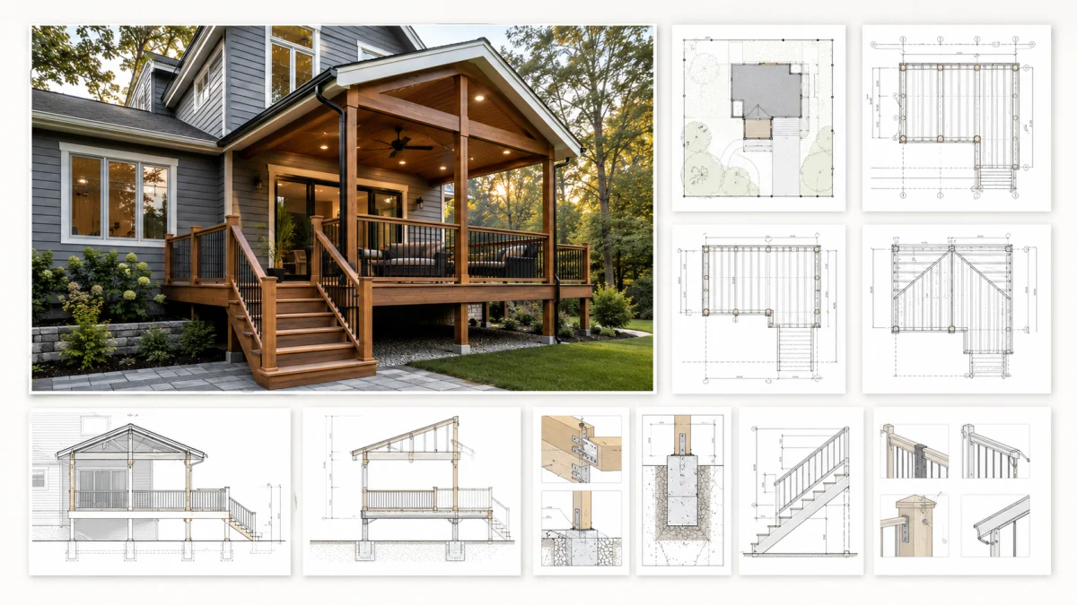 Covered deck and patio with architectural framing drawings
