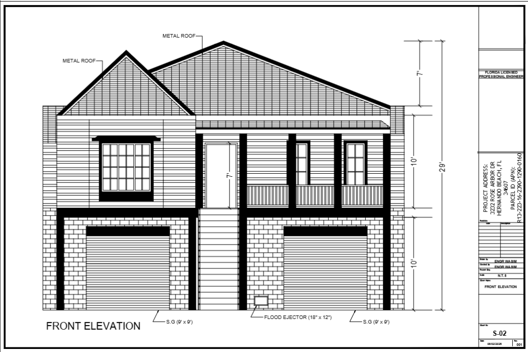 Residential building elevation and construction detail drawing