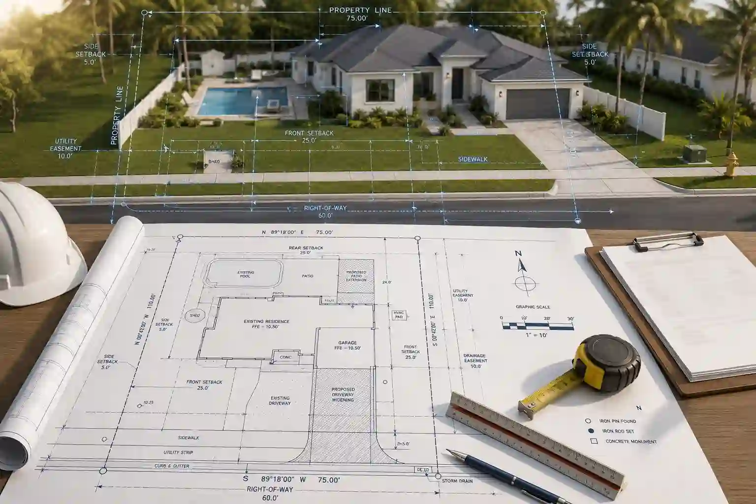 Aerial residential property alongside real site planning documents
